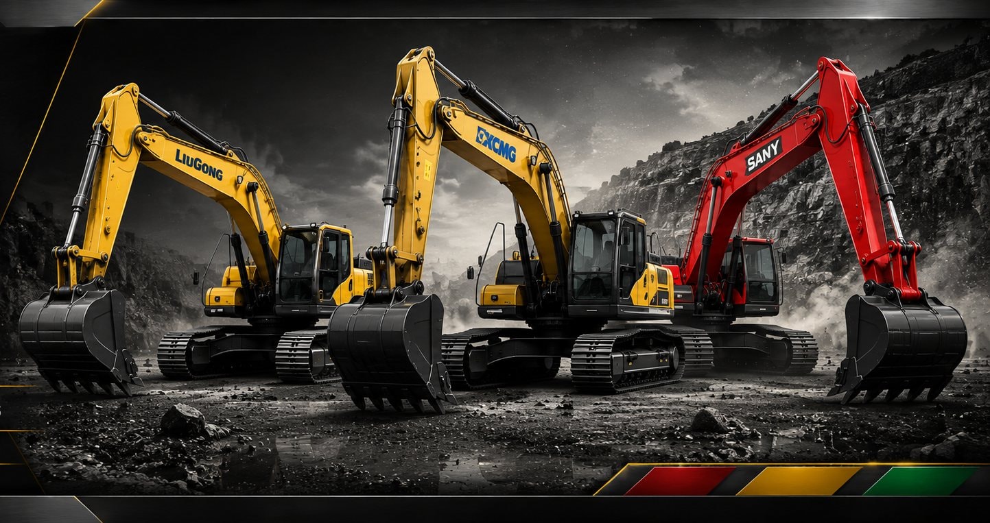 LiuGong, XCMG and SANY crawler excavators lined up at a quarry — SIMPL Industrial & Mining Power, Ghana